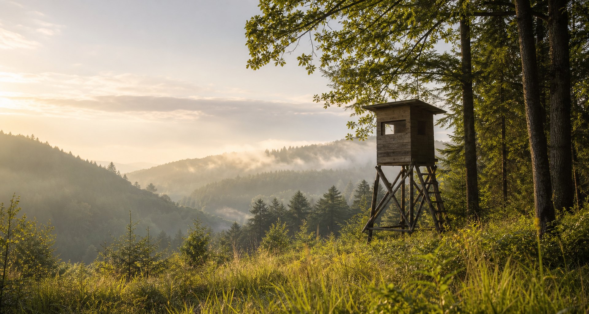 Bayerischer Wald mit Hochsitz im Morgenlicht